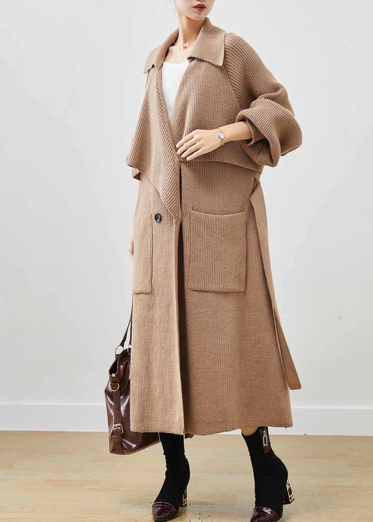 Simple Khaki Notched Oversized Pockets Knit Trench Spring