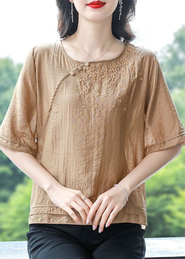 Simple Khaki O Neck Embroidered Cotton Top Summer