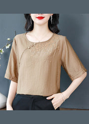 Simple Khaki O Neck Embroidered Cotton Top Summer