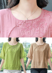 Simple Khaki O Neck Embroidered Cotton Top Summer