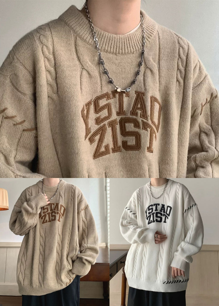 Simple Khaki O Neck Letter Cotton Knit Mens Sweaters Winter