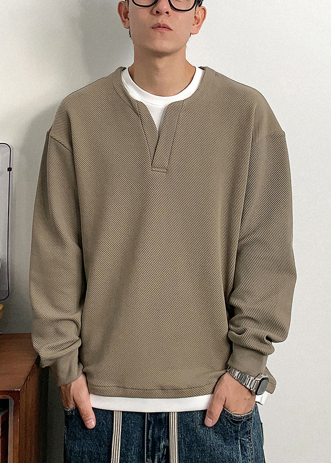 Simple Khaki O Neck Patchwork Cotton Mens Sweatshirts Spring