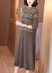 Simple Khaki O-Neck Print Cashmere Knitted Dress Long Sleeve