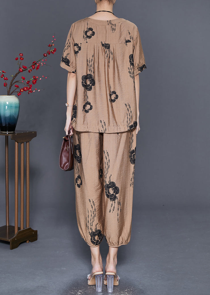 Simple Khaki Oversized Floral Linen 2 Piece Outfit Set Summer