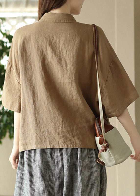 Simple Khaki Patchwork Button Solid Linen Shirts Half Sleeve