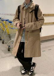 Simple Khaki Peter Pan Collar Button Cotton Men Trench Coat Spring