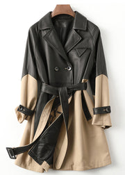 Simple Khaki Peter Pan Collar Patchwork Tie Waist Button Pockets Sheepskin Trench Coats Long Sleeve