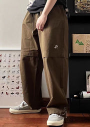 Simple Khaki Pockets Drawstring Elastic Waist Cotton Men Pants Spring