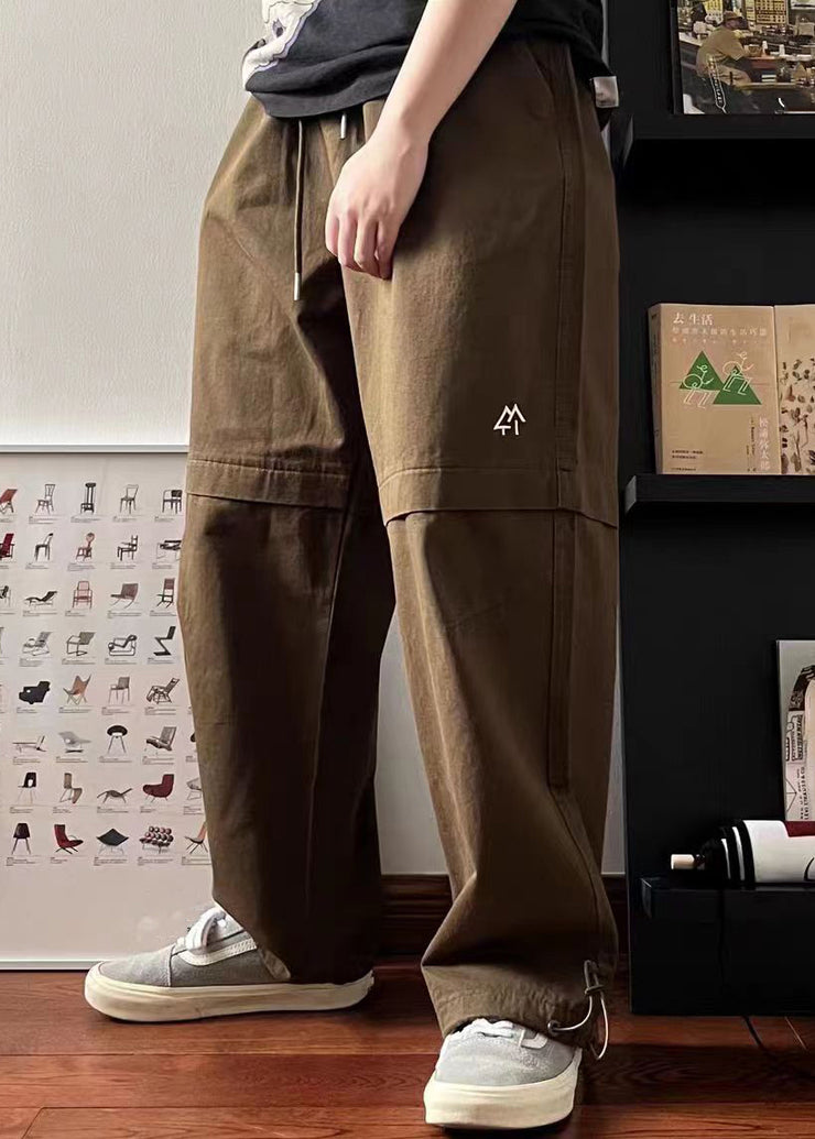 Simple Khaki Pockets Drawstring Elastic Waist Cotton Men Pants Spring