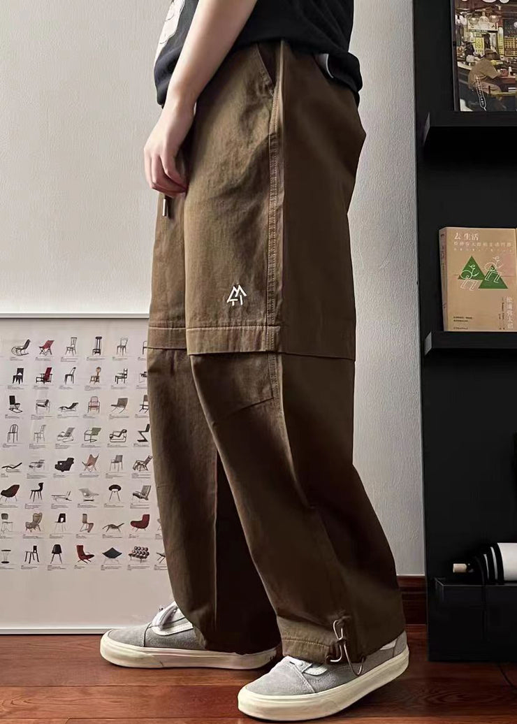 Simple Khaki Pockets Drawstring Elastic Waist Cotton Men Pants Spring