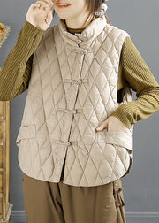 Simple Khaki Stand Collar Chinese Button Duck Down Puffers Vests Winter