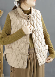 Simple Khaki Stand Collar Chinese Button Duck Down Puffers Vests Winter