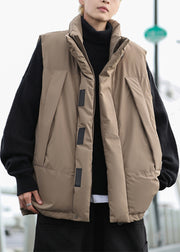 Simple Khaki Stand Collar Zip Up Cotton Filled Men Waistcoat Winter