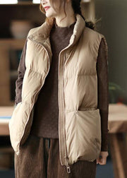 Simple Khaki Stand Collar Zip Up Pockets Duck Down Down Vest Winter