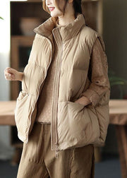 Simple Khaki Stand Collar Zip Up Pockets Duck Down Down Vest Winter