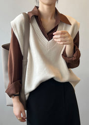 Simple Khaki V Neck Cozy Cashmere Knit Waistcoat Sleeveless