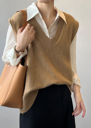 Simple Khaki V Neck Cozy Cashmere Knit Waistcoat Sleeveless