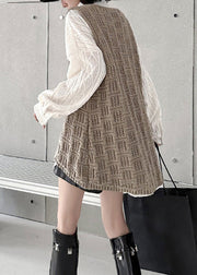 Simple Khaki V Neck Hollow Out Low High Design Knit Waistcoat Spring