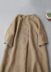 Simple Khaki V Neck Pockets Linen Long Dress Summer