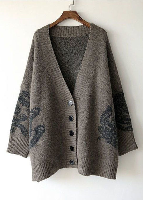 Simple Khaki V Neck Print Knit Loose Cardigan Spring