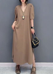 Simple Khaki V Neck Side Open Patchwork Cotton Dresses Summer