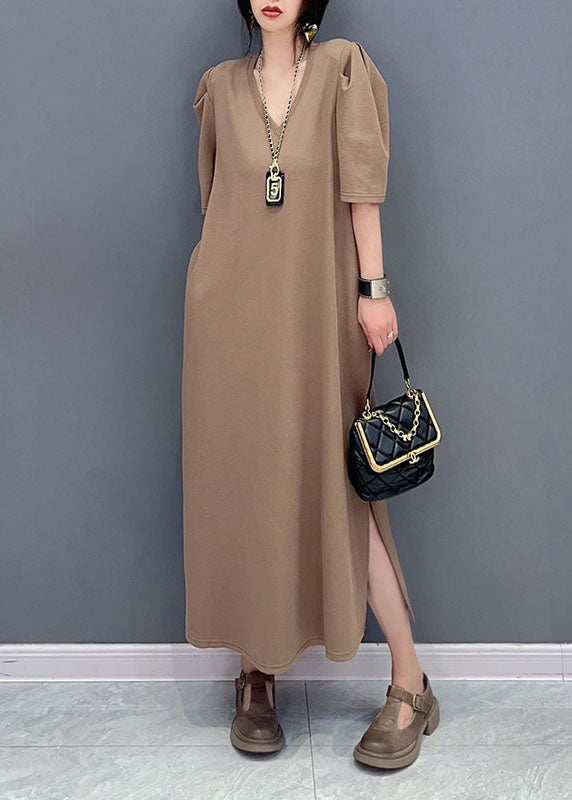 Simple Khaki V Neck Side Open Patchwork Cotton Dresses Summer