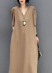 Simple Khaki V Neck Side Open Patchwork Cotton Dresses Summer