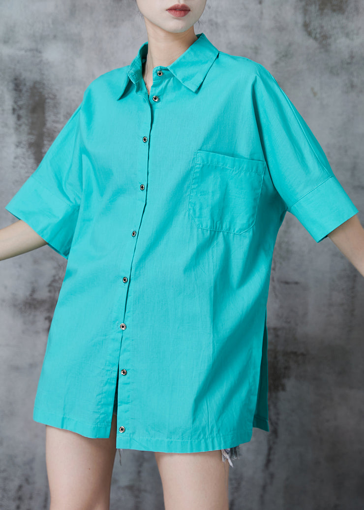 Simple Lake Green Peter Pan Collar Pocket Cotton Formal Shirt Summer