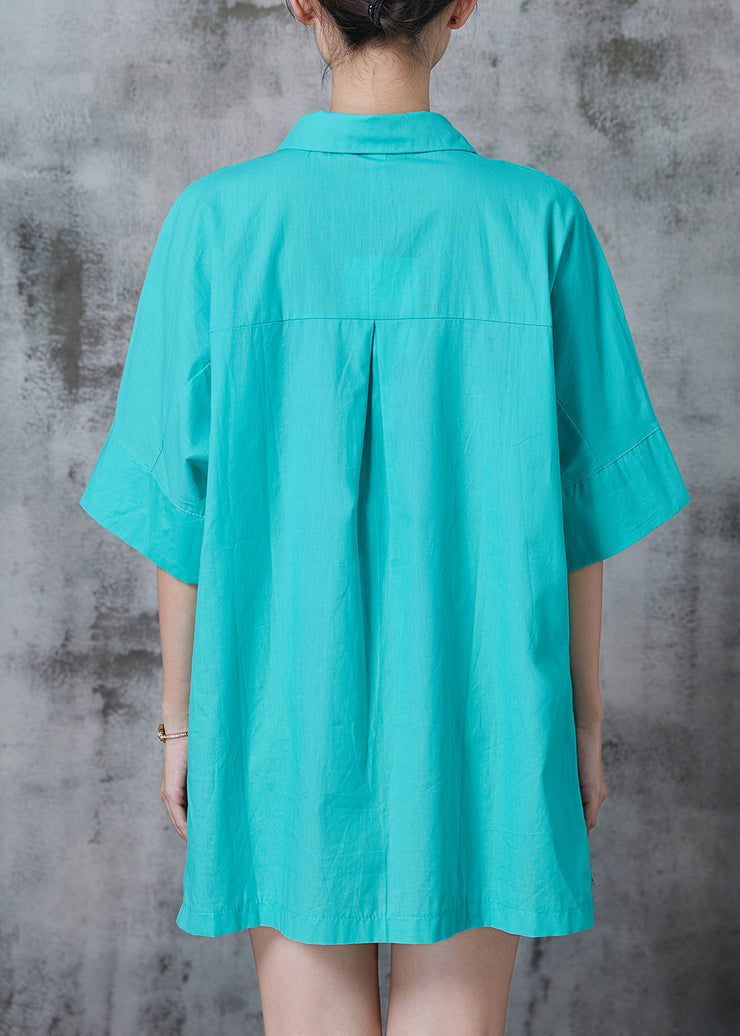 Simple Lake Green Peter Pan Collar Pocket Cotton Formal Shirt Summer