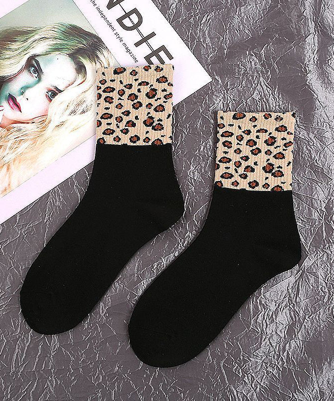 Simple Leopard Patchwork Cotton Mid Calf Socks