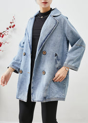 Simple Light Blue Double Breast Patchwork Denim Jackets Fall