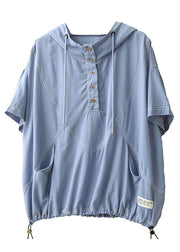 Simple Light Blue Drawstring Hooded Cotton Sweatshirt Streetwear Short Sleeve