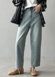 Simple Light Blue High Waist Pockets Denim Straight Pants Fall