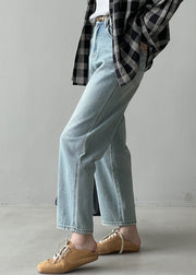 Simple Light Blue High Waist Pockets Denim Straight Pants Spring