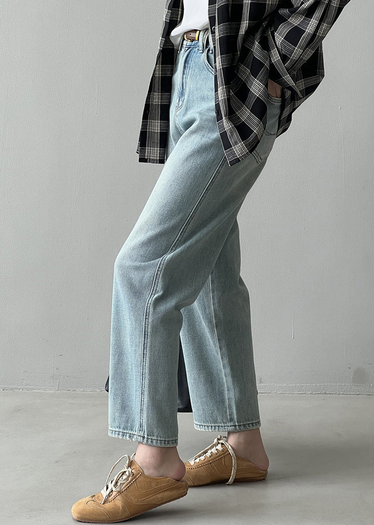 Simple Light Blue High Waist Pockets Denim Straight Pants Spring