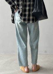 Simple Light Blue High Waist Pockets Denim Straight Pants Fall