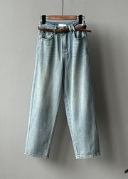 Simple Light Blue High Waist Pockets Denim Straight Pants Fall