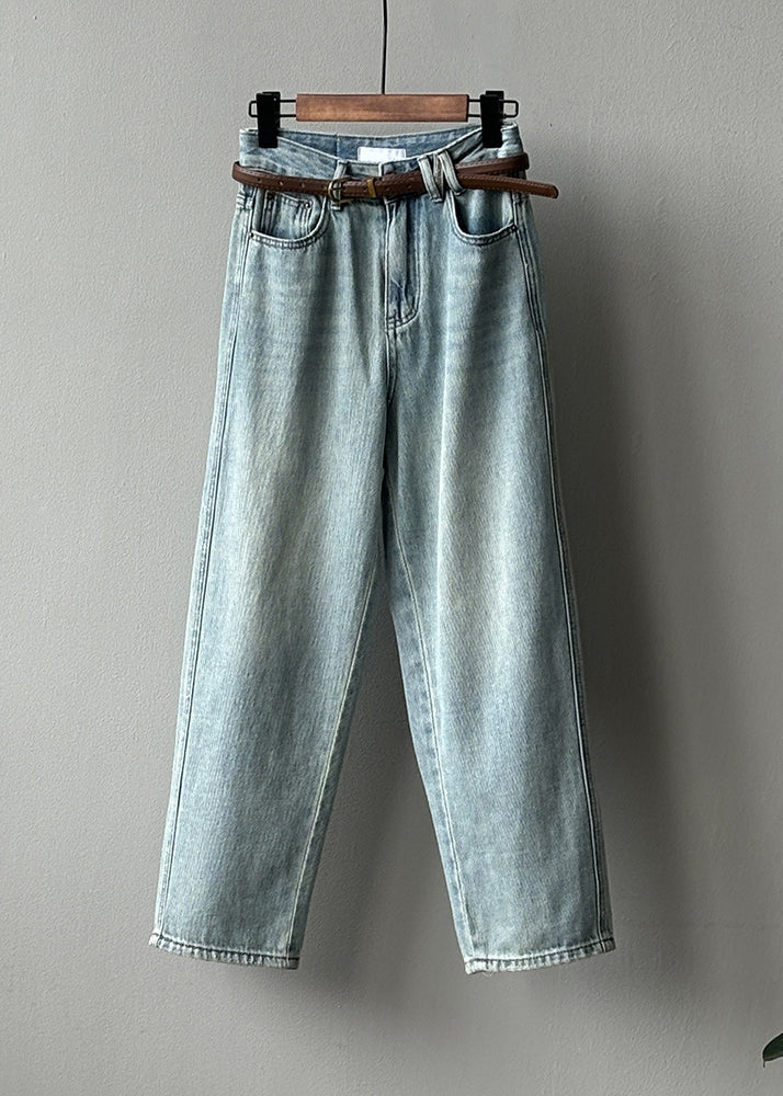 Simple Light Blue High Waist Pockets Denim Straight Pants Fall