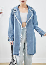 Simple Light Blue Lapel Tasseled Denim Trench Fall