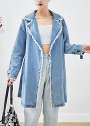 Simple Light Blue Lapel Tasseled Denim Trench Fall