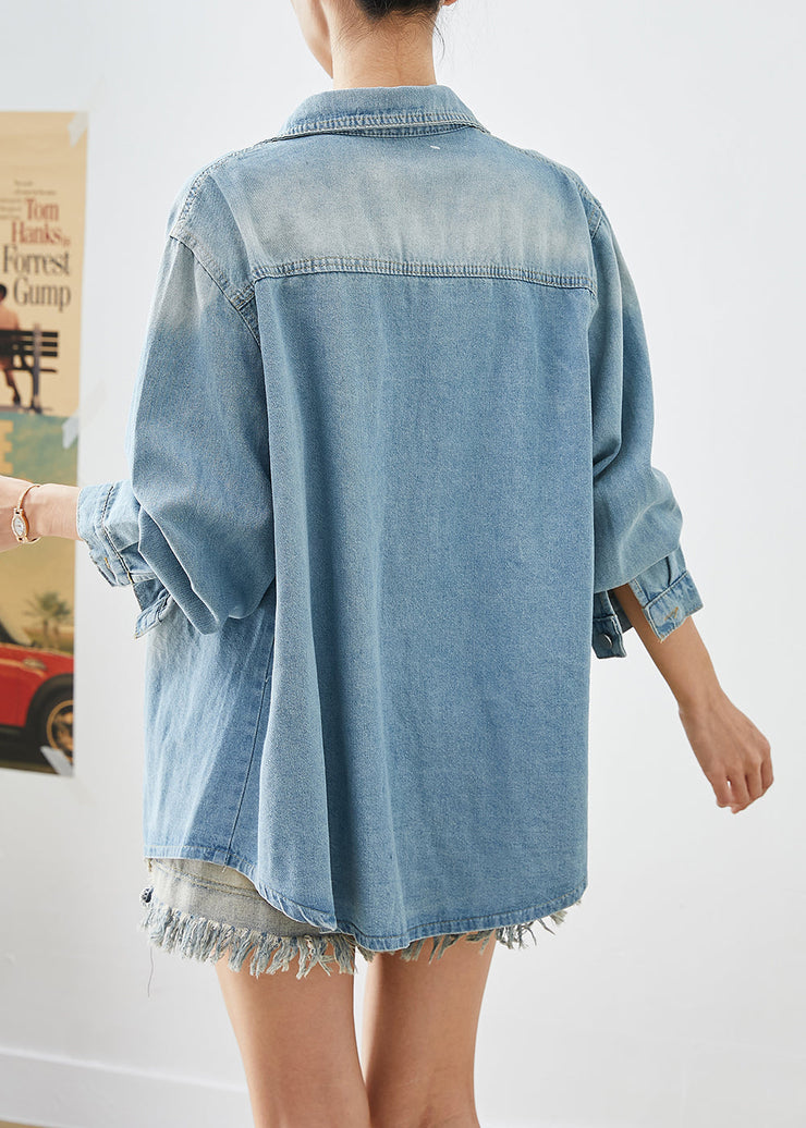 Simple Light Blue Oversized Pockets Denim Shirt Coats Fall