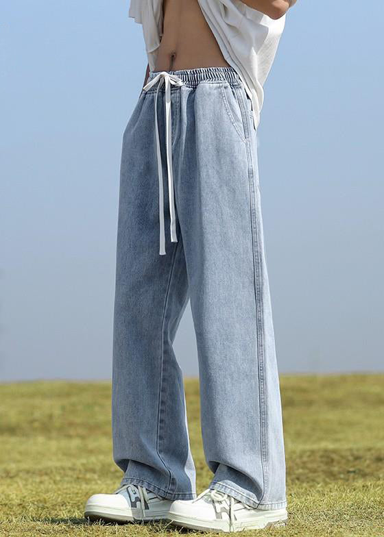 Simple Light Blue Pockets Elastic Waist Denim Men Pants Summer