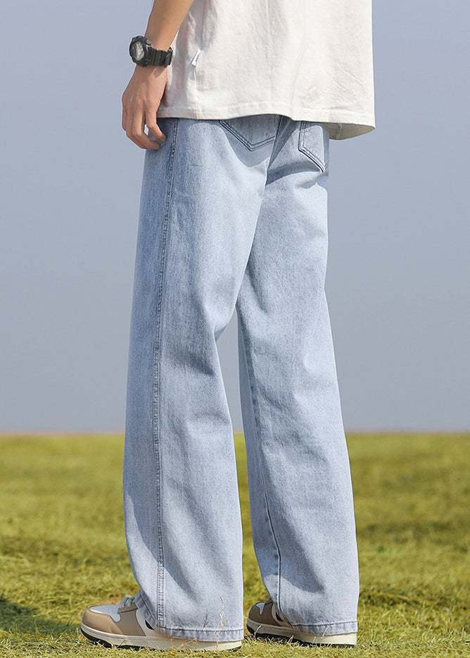 Simple Light Blue Pockets Elastic Waist Denim Men Pants Summer