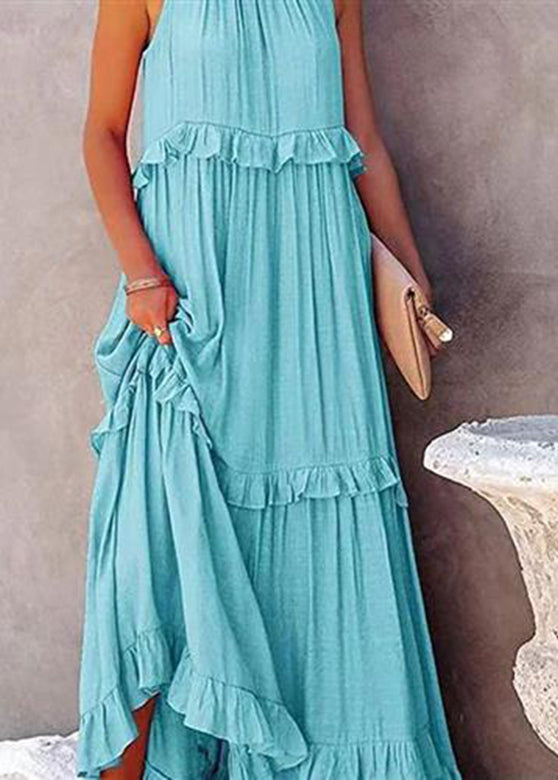 Simple Light Blue Ruffled Patchwork Wrinkled Long Dresses Summer