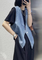 Simple Light Blue V Neck Patchwork Button Waistcoat Fall