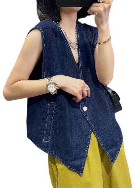 Simple Light Blue V Neck Patchwork Button Waistcoat Fall