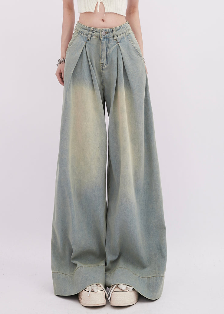 Simple Light Blue Wrinkled Denim Wide Leg Pants Spring