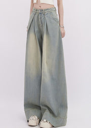 Simple Light Blue Wrinkled Denim Wide Leg Pants Spring