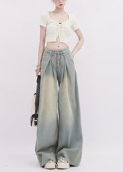 Simple Light Blue Wrinkled Denim Wide Leg Pants Spring