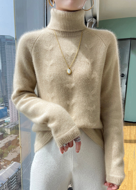 Simple Light Camel Hign Neck Thick Woolen Short Sweater Winter